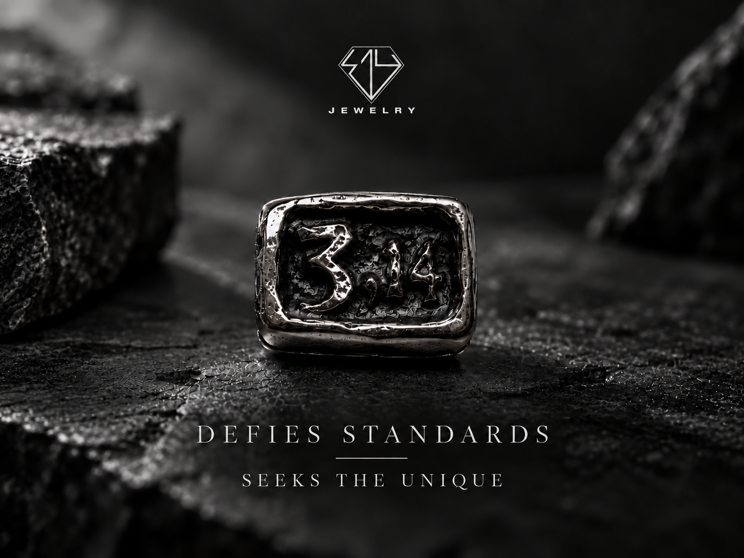 3.14 Jewelry — Defies Standards, Seeks the Unique. Silver ring on a black background.