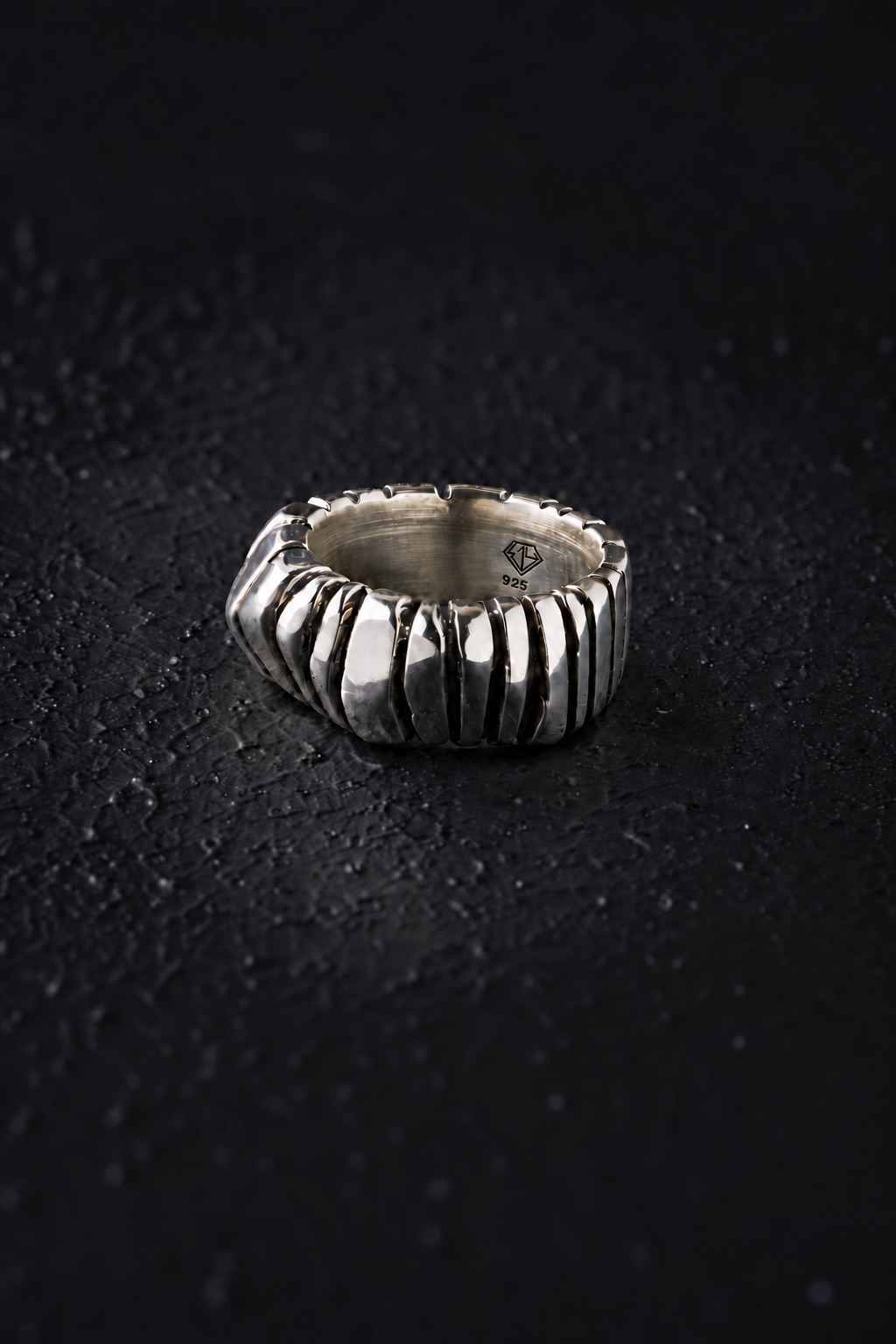 Ribbed silver ring with 3.14 logo and 925 hallmarks inside